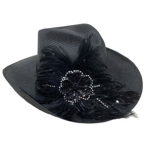 Vintage Joe Bill Miller Straw Cowboy Hat Black Feathers Crystal & Sequin Flower
